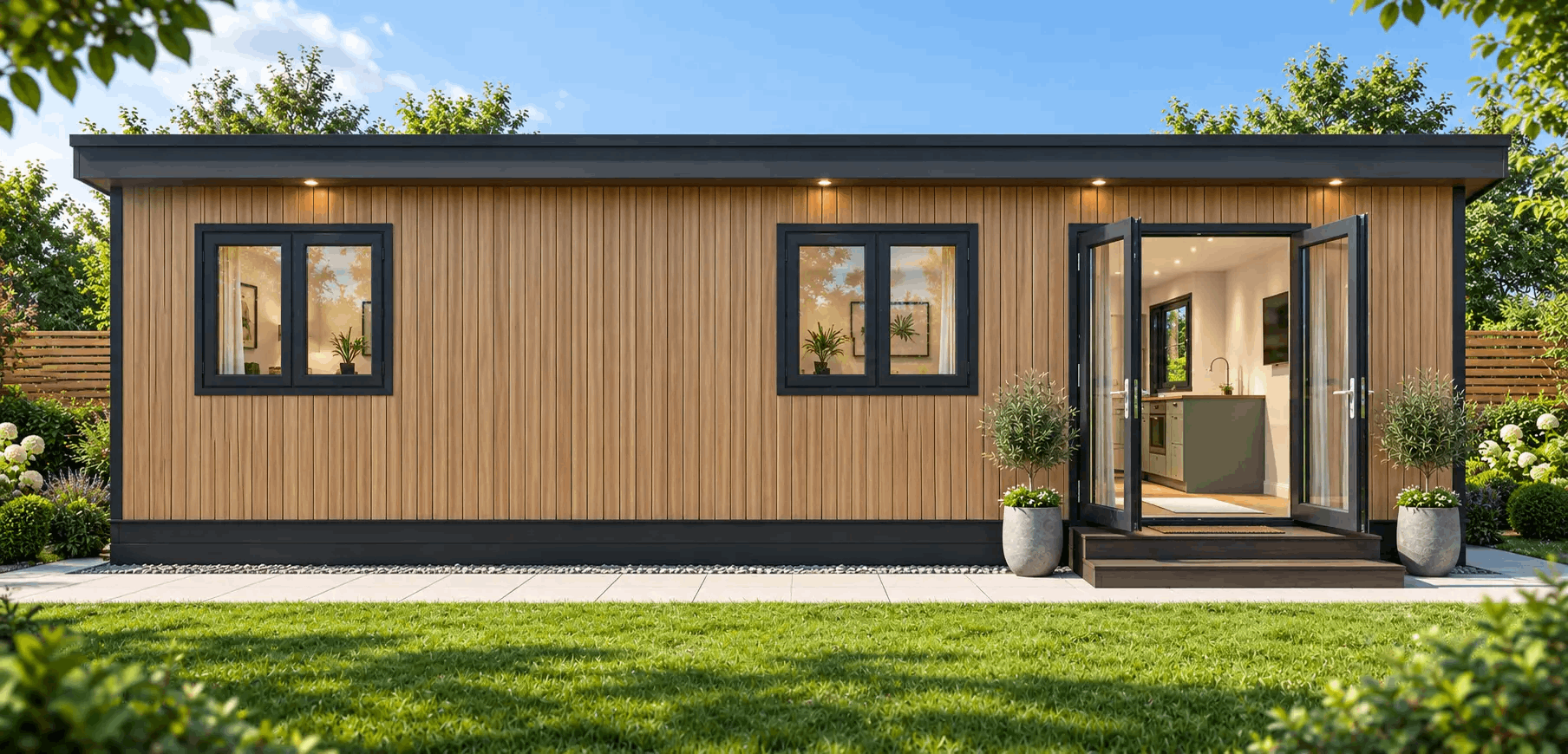 The Forever Lodge external twilight render